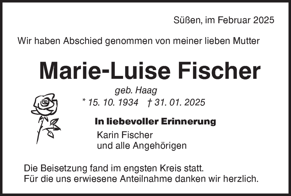 Traueranzeigen Von Marie Luise Fischer S Dwest Presse Trauer