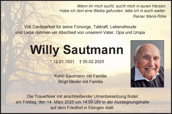 Traueranzeigen von Willy Sautmann Südwest Presse Trauer