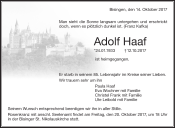 Traueranzeige von Adolf Haaf von Hohenzollerische Zeitung