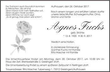 Traueranzeige von Agnes Fuchs von Geislinger Zeitung