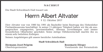 Traueranzeige von Albert Altvater von Haller Tagblatt