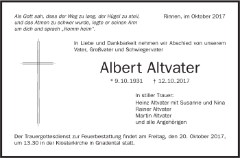 Traueranzeige von Albert Altvater von Haller Tagblatt