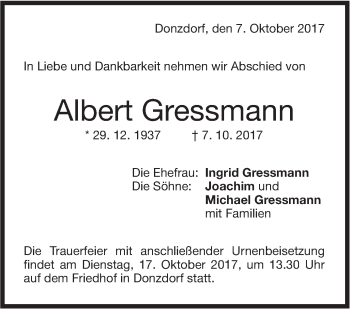Traueranzeige von Albert Gressmann von Nordwest-Zeitung