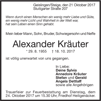 Traueranzeige von Alexander Kräuter von Geislinger Zeitung