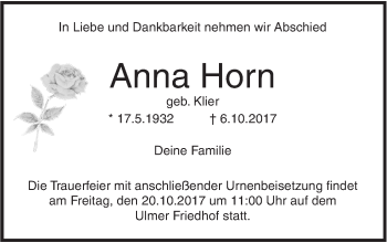 Traueranzeige von Anna Horn von Südwest Presse