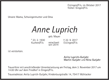 Traueranzeige von Anne Luprich von Geislinger Zeitung