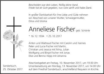 Traueranzeige von Anneliese Fischer von Alb-Bote/Metzinger-Uracher Volksblatt