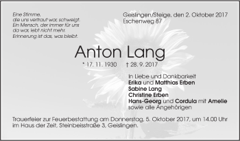 Traueranzeige von Anton Lang von Neue Württembergische Zeitung