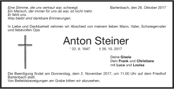 Traueranzeige von Anton Steiner von NWZ Neue Württembergische Zeitung