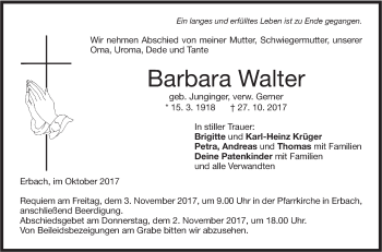 Traueranzeige von Barbara Walter von SÜDWEST PRESSE Ausgabe Ulm/Neu-Ulm