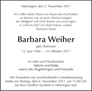 Traueranzeige von Barbara Weiher von SÜDWEST PRESSE