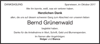 Traueranzeige von Bernd Grünenwald von NWZ Neue Württembergische Zeitung