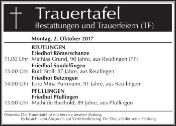 Traueranzeige von Bestattungen vom 02.10.2017 von Südwest Presse