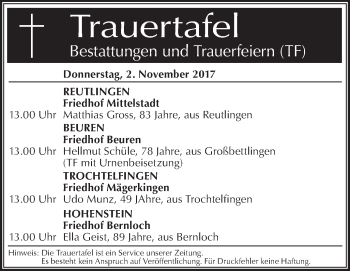 Traueranzeige von Bestattungen vom 02.11.2017 von SÜDWEST PRESSE