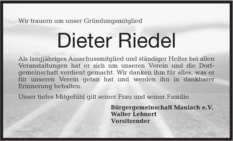  Traueranzeige für Dieter Riedel vom 16.10.2017 aus SÜDWEST PRESSE