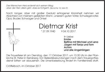 Traueranzeige von Dietmar Krist von Haller Tagblatt