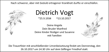 Traueranzeige von Dietrich Vogt von SÜDWEST PRESSE Ausgabe Ulm/Neu-Ulm