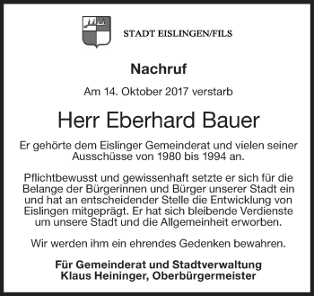 Traueranzeige von Eberhard Bauer von NWZ Neue Württembergische Zeitung