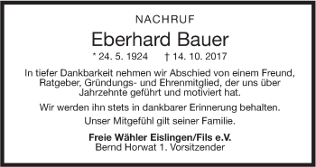 Traueranzeige von Eberhard Bauer von NWZ Neue Württembergische Zeitung