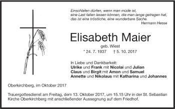 Traueranzeige von Elisabeth Maier von SÜDWEST PRESSE Ausgabe Ulm/Neu-Ulm