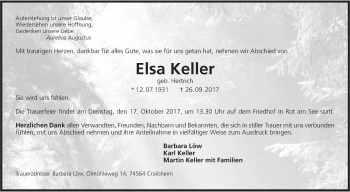 Traueranzeige von Elsa Keller von SÜDWEST PRESSE