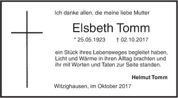 Traueranzeige von Elsbeth Tomm von SÜDWEST PRESSE Ausgabe Ulm/Neu-Ulm