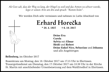 Traueranzeige von Erhard Horecka von SÜDWEST PRESSE Ausgabe Ulm/Neu-Ulm