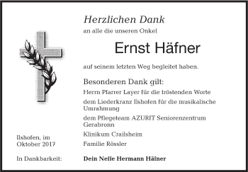 Traueranzeige von Ernst Häfner von Haller Tagblatt