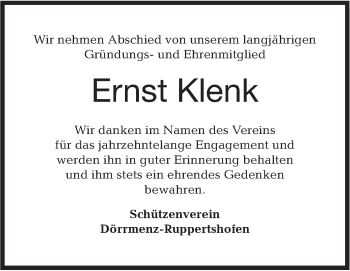 Traueranzeige von Ernst Klenk von Hohenloher Tagblatt