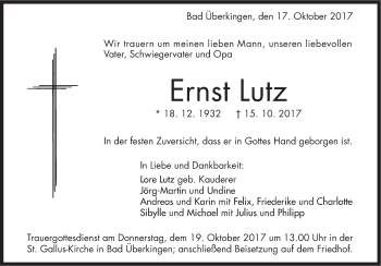 Traueranzeige von Ernst Lutz von NWZ Neue Württembergische Zeitung/Geislinger Zeitung