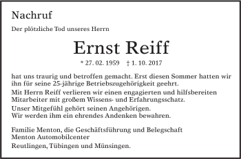 Traueranzeige von Ernst Reiff von Südwest Presse