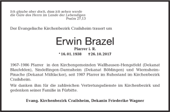 Traueranzeige von Erwin Brazel von Hohenloher Tagblatt