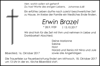 Traueranzeige von Erwin Brazel von Haller Tagblatt