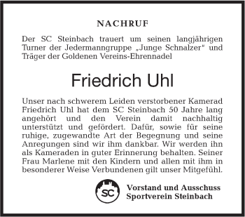 Traueranzeige von Friedrich Uhl von Haller Tagblatt