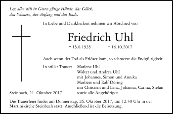 Traueranzeige von Friedrich Uhl von Haller Tagblatt