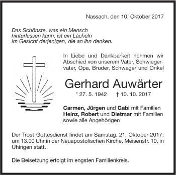 Traueranzeige von Gerhard Auwärter von NWZ Neue Württembergische Zeitung