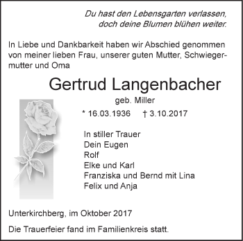 Traueranzeige von Gertrud Langenbacher von SÜDWEST PRESSE Ausgabe Ulm/Neu-Ulm