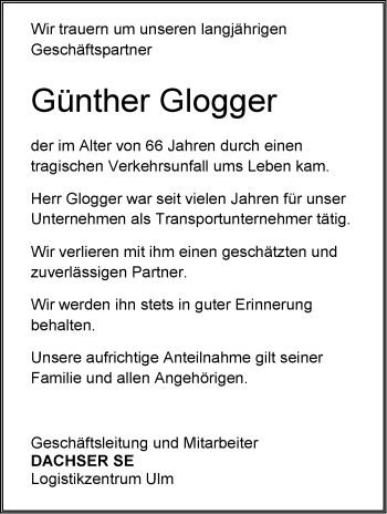 Traueranzeige von Günther Glogger von SÜDWEST PRESSE Ausgabe Ulm/Neu-Ulm