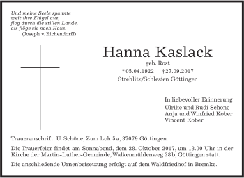 Traueranzeige von Hanna Kaslack von SÜDWEST PRESSE