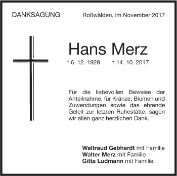 Traueranzeige von Hans Merz von NWZ Neue Württembergische Zeitung