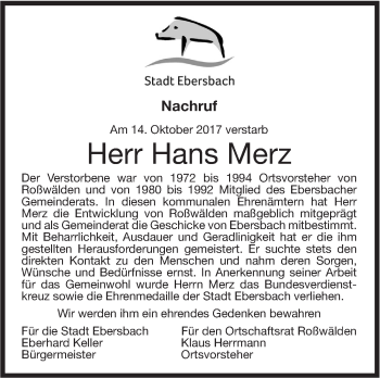 Traueranzeige von Hans Merz von NWZ Neue Württembergische Zeitung