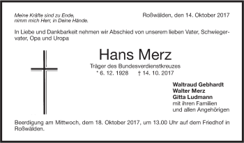 Traueranzeige von Hans Merz von Nordwest-Zeitung