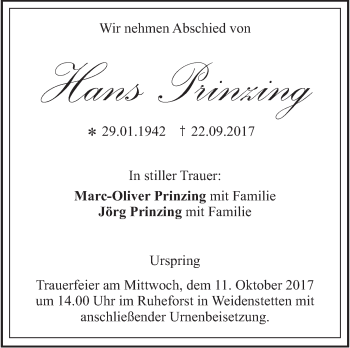 Traueranzeige von Hans Prinzing von Südwest Presse