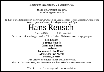 Traueranzeige von Hans Reusch von SÜDWEST PRESSE