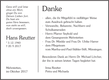 Traueranzeige von Hans Reutter von Alb-Bote/Metzinger-Uracher Volksblatt