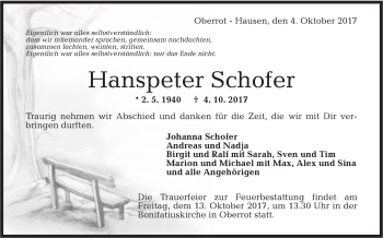 Traueranzeige von Hanspeter Schofer von Rundschau