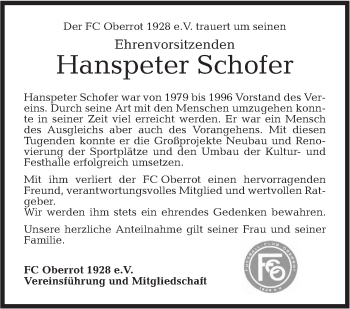 Traueranzeige von Hanspeter Schofer von Rundschau