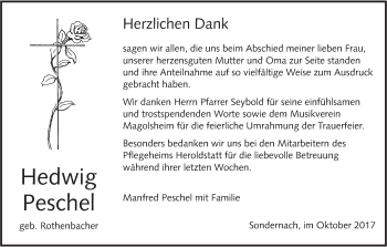 Traueranzeige von Hedwig Peschel von SÜDWEST PRESSE