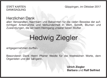 Traueranzeige von Hedwig Ziegler von NWZ Neue Württembergische Zeitung