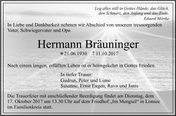 Traueranzeige von Hermann Bräuninger von SÜDWEST PRESSE Ausgabe Ulm/Neu-Ulm